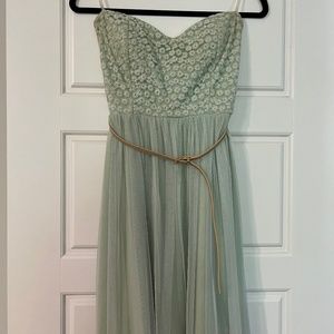 Sage green strapless mini dress with gold belt - size medium